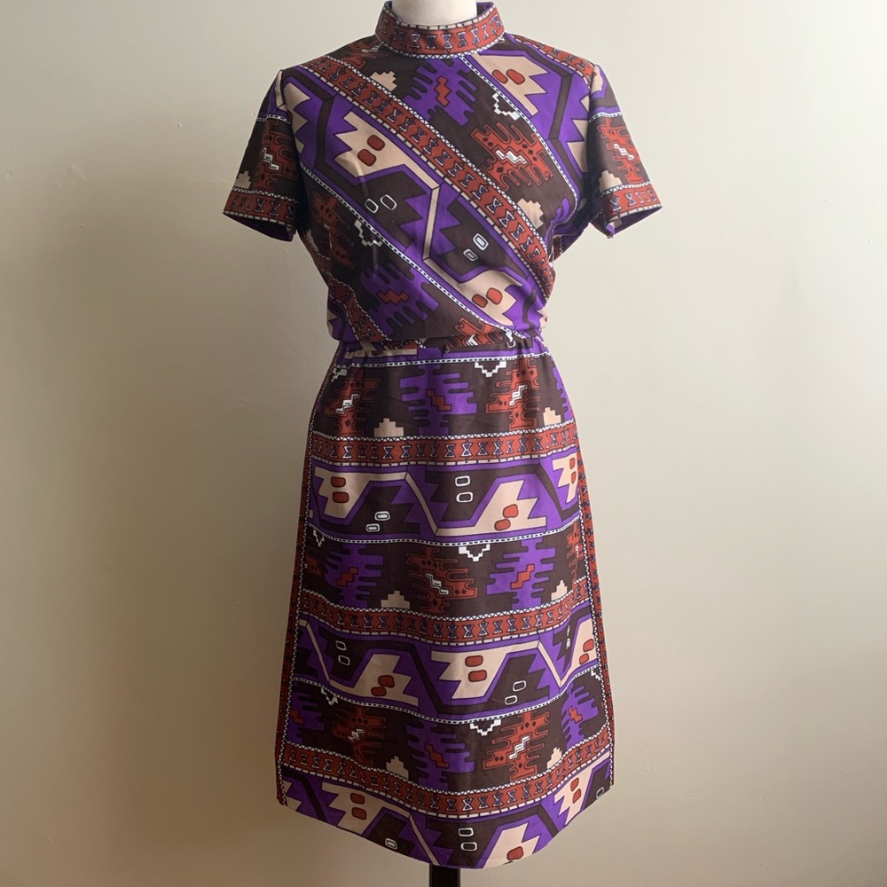 VTG 70s Aztec Short Sleeve A-line Dress M/L